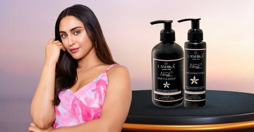 A woman in a pink dress poses with two neroli hair care bottles, emphasizing the premium nature of the products.