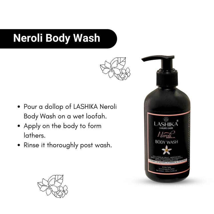 Elegant bottle of neroli body wash, emphasizing a sophisticated and rejuvenating bath product.