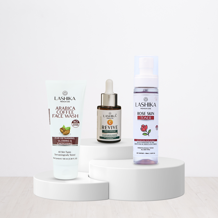 Lashika Dry Skincare Kit with Arabica Coffee Face Wash, Revive Serum & Rose Toner for glowing, soft & nourished skin.