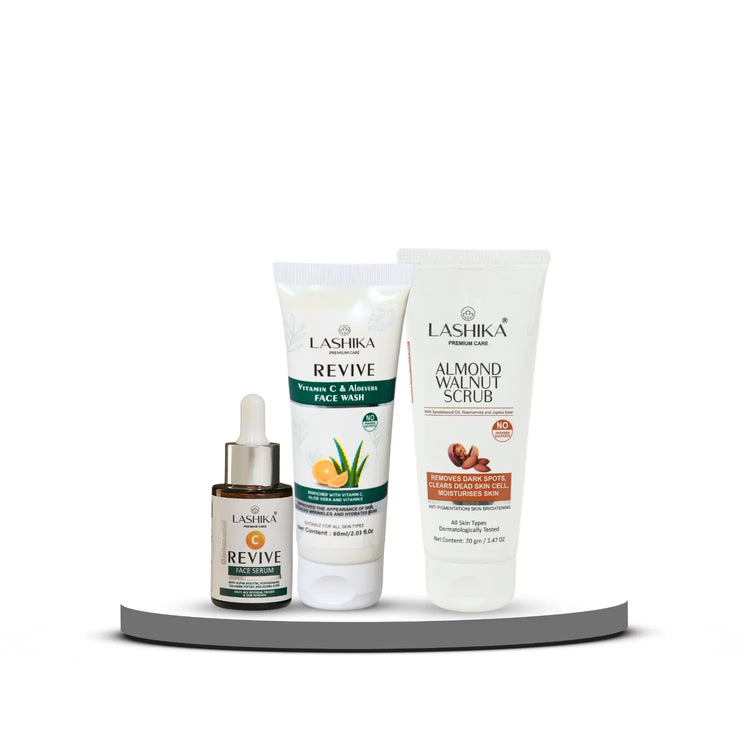 Lashika Vitamin C Skin Brightening Kit with Revive Face Wash, Almond & Walnut Scrub, and Vitamin C Serum for glowing skin.