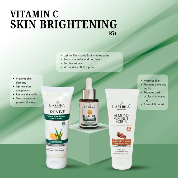 Lashika Revive Skincare Set with Face Wash, Almond & Walnut Scrub, and Vitamin C Serum for bright, refreshed skin.