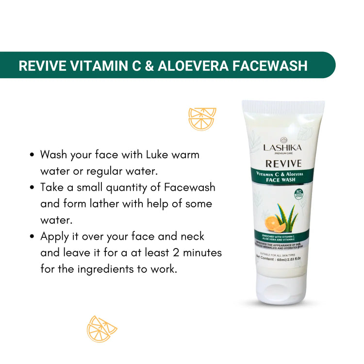 Lashika Revive Vitamin C & Aloe Vera Face Wash – Gently cleanses, refreshes, and brightens skin with the power of Vitamin C and Aloe Vera.