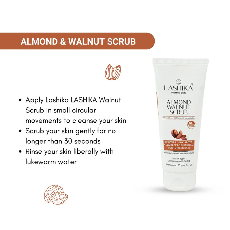 Lashika Almond & Walnut Scrub – Gently exfoliates, removes dead skin cells, and reveals a radiant, refreshed complexion.