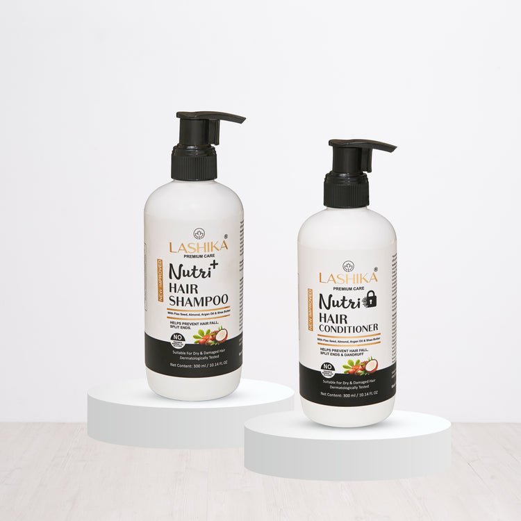 Lashika Nutri+ Hair Shampoo and Conditioner Duo: A hair care set designed to nourish and strengthen dry and damaged hair, featuring a sulfate-free shampoo and a moisturizing conditioner.