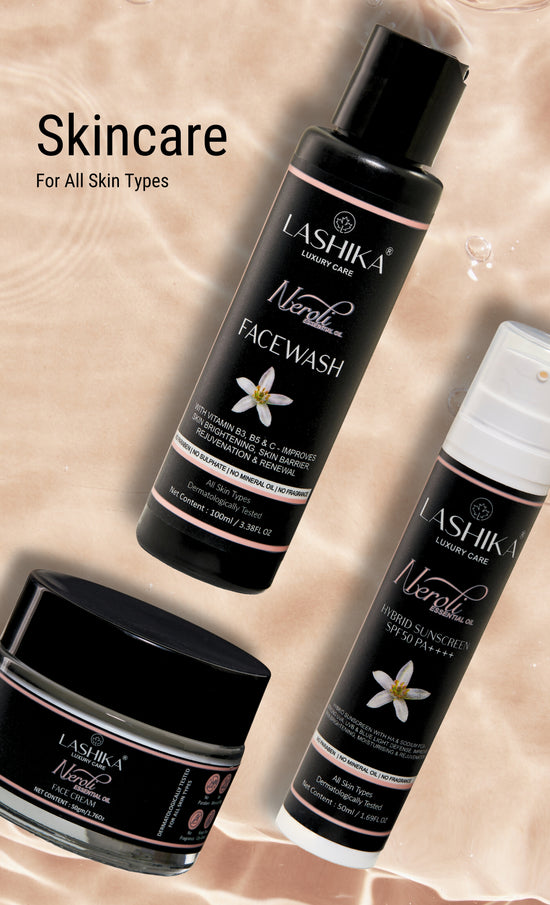 Lashika Neroli Facewash for all skin types – gentle cleanser with Neroli essential oil for refreshed, radiant, and balanced skin.