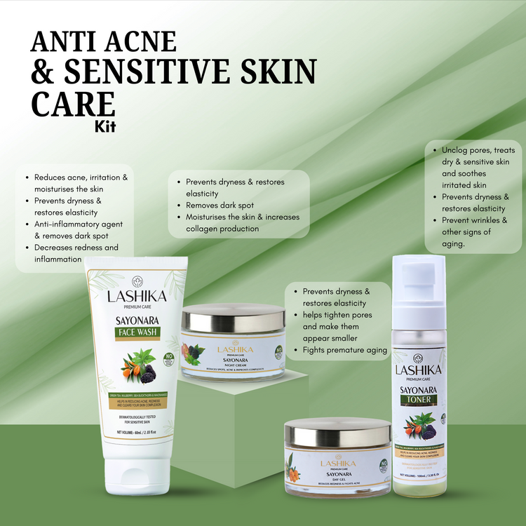 Lashika Anti-Acne & Sensitive Skin Care Kit—targets acne, soothes irritation, fades dark spots, hydrates dry skin, boosts collagen, and reduces signs of aging.
