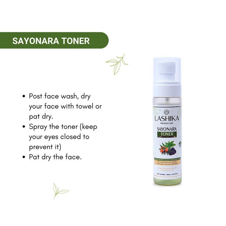 Sayonara Toner by Lashika - Herbal skincare toner with usage instructions: post face wash, dry face, spray toner, and pat dry for refreshed skin.