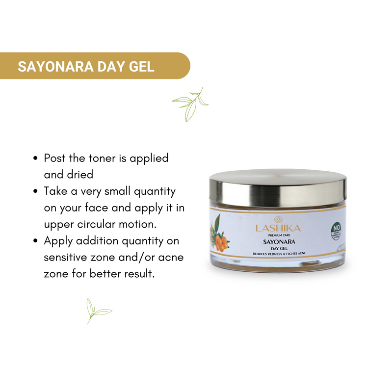 Sayonara Day Gel by Lashika - Herbal skincare product with usage instructions: apply after using toner for nourished and hydrated skin.