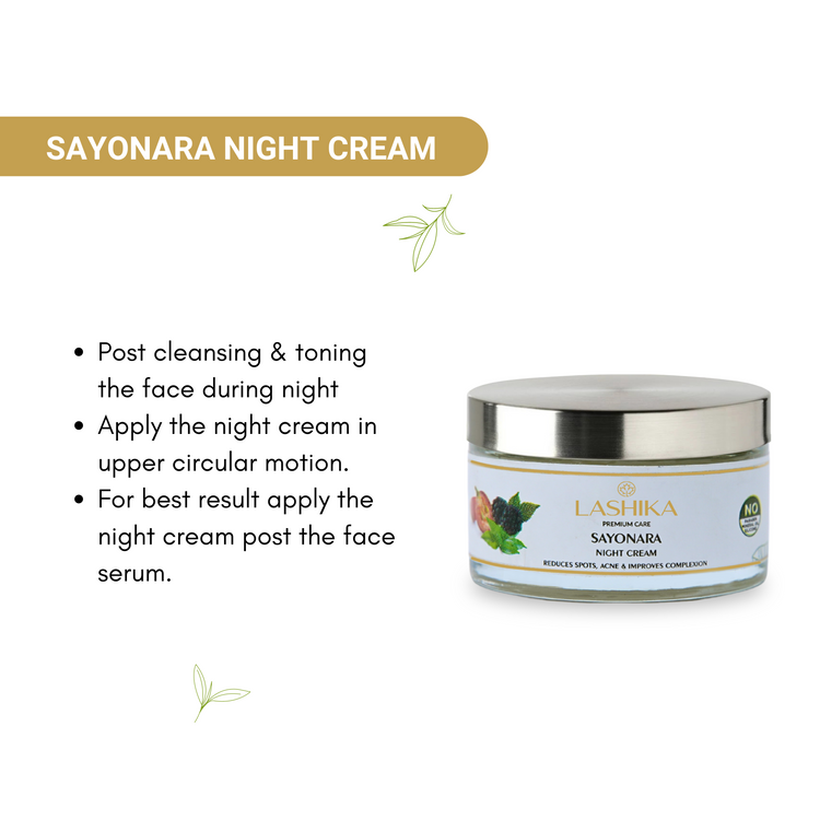 Sayonara Night Gel by Lashika - Herbal skincare product with instructions to use after cleaning and toning the face for overnight hydration and nourishment.