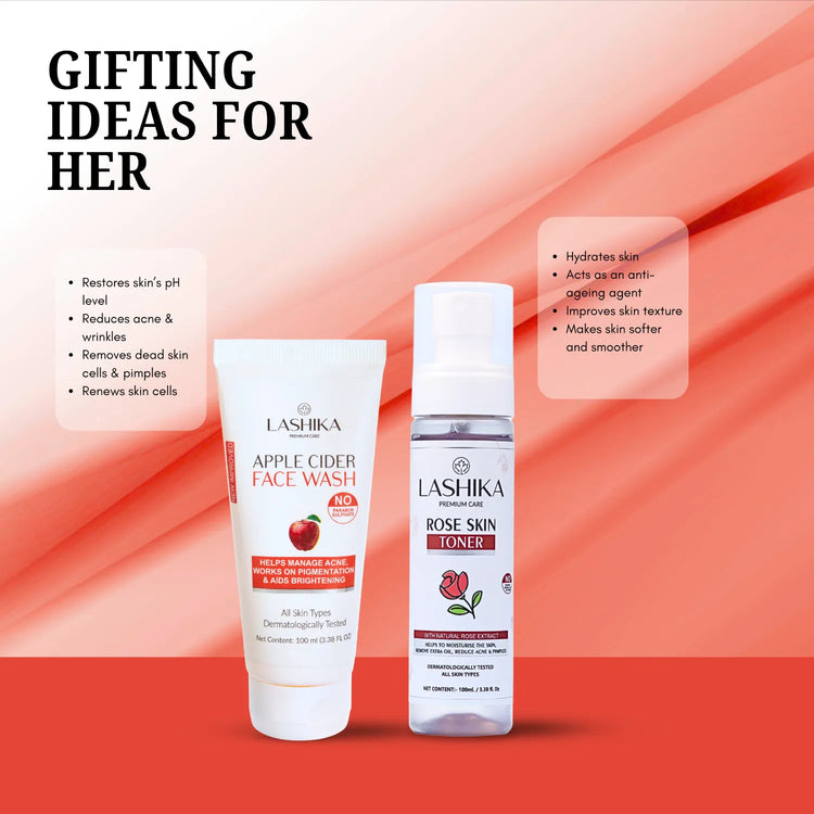 A gifting idea for her with Lashika Apple Cider Face Wash and Lashika Rose Skin Toner. The image highlights the benefits of both products:
Lashika Apple Cider Face Wash: Restores skin&