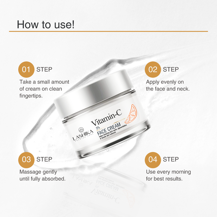 Lashika Vitamin-C Face Cream with usage instructions on a white background