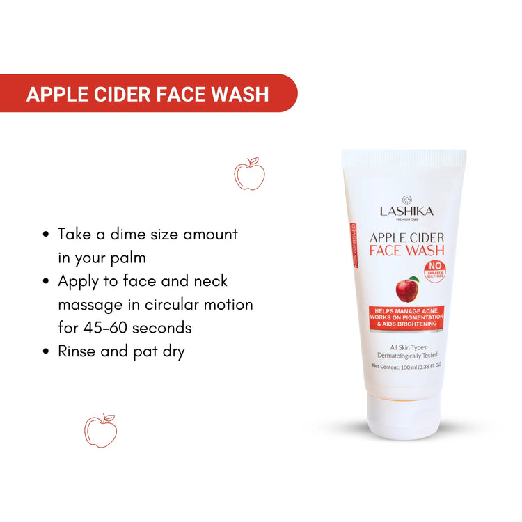 A tube of Lashika Apple Cider Face Wash. The image provides instructions on how to use the face wash:
Take a dime-size amount in your palm.
Apply to face and neck, massaging in circular motions for 45-60 seconds.
Rinse and pat dry.
The face wash helps manage acne, works on pigmentation, and aids in brightening. It is suitable for all skin types and is dermatologically tested.