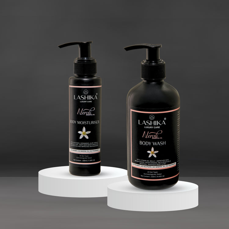 Lashika natural body wash and lotion featuring neroli, promoting hydration and a refreshing cleansing experience.