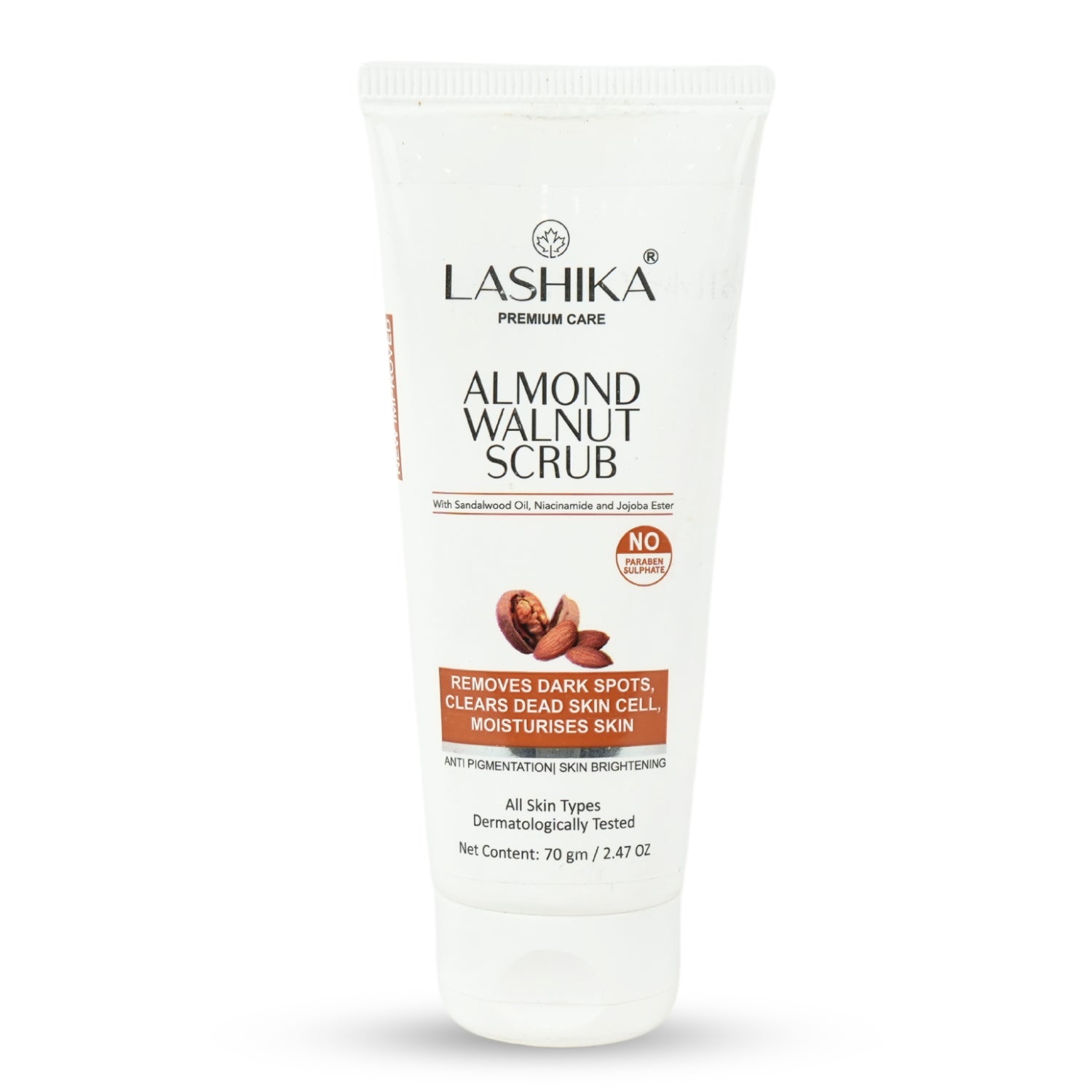 Lashika premium almond walnut scrub with sandalwood, niacinamide, jojoba oil removes dark spots and brightens all skin types.