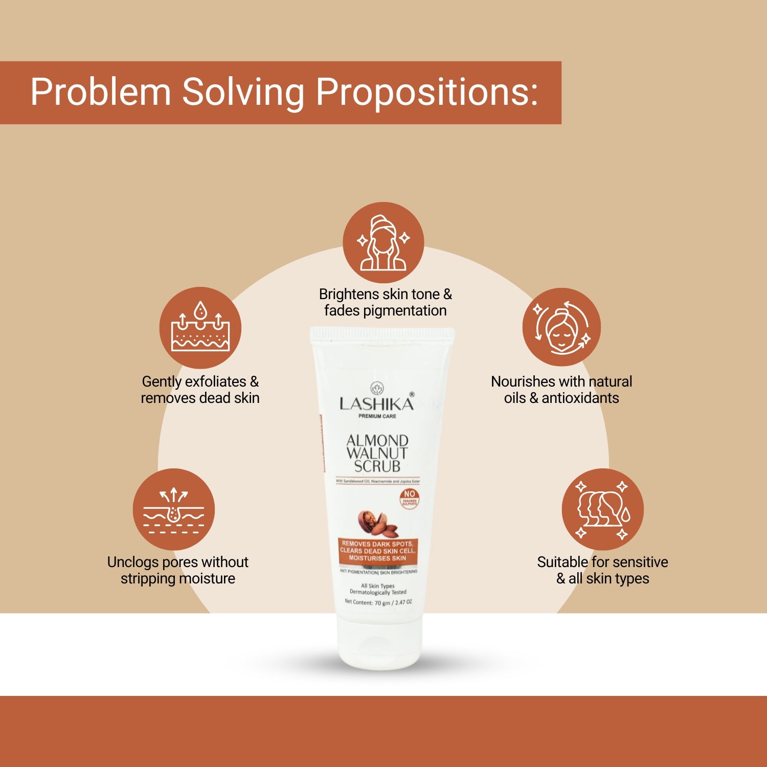 Lashika almond walnut scrub brightens, exfoliates, unclogs pores, and nourishes skin with natural oils for all skin types.