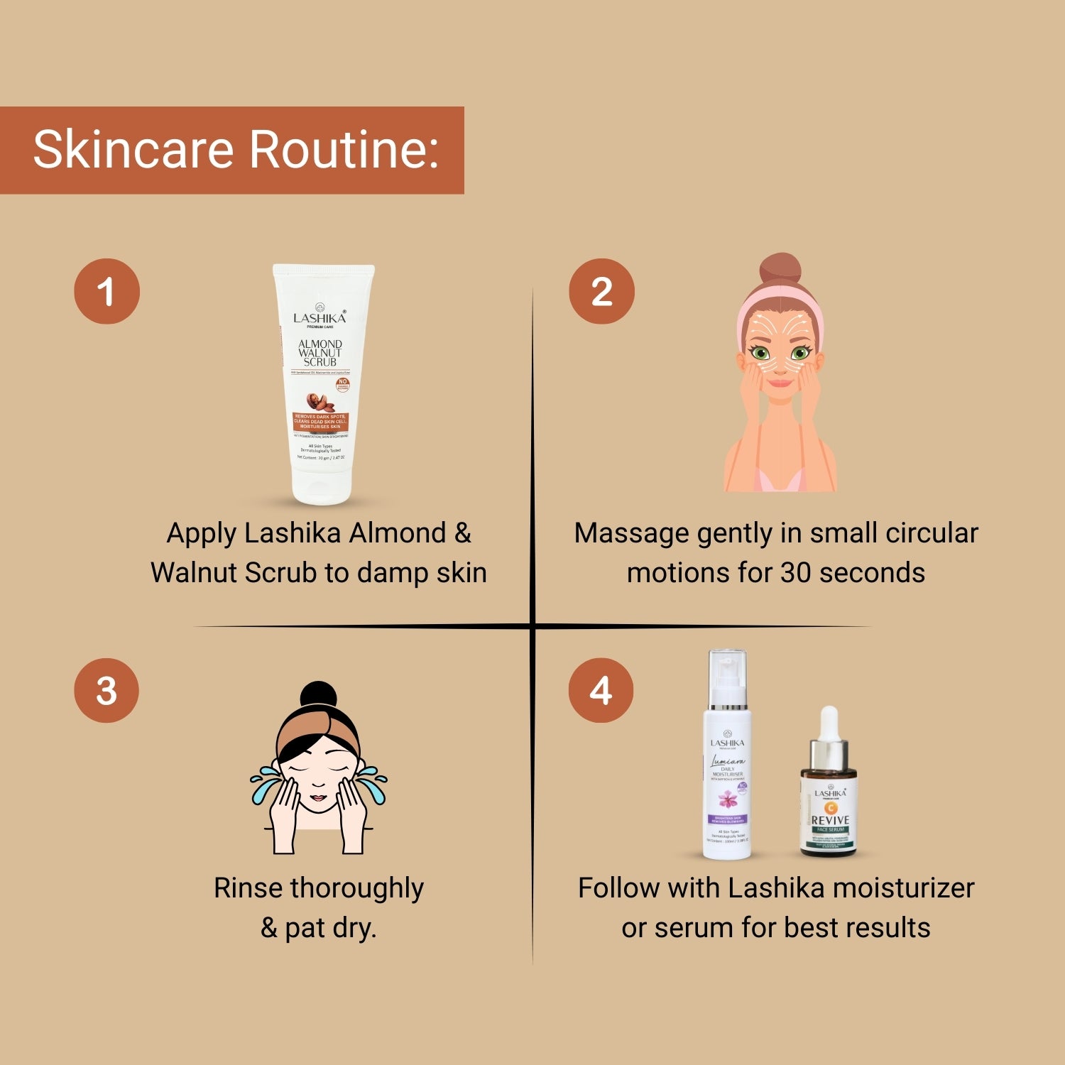 Lashika almond walnut scrub skincare routine: apply, massage, rinse, then moisturize for smooth, glowing skin.