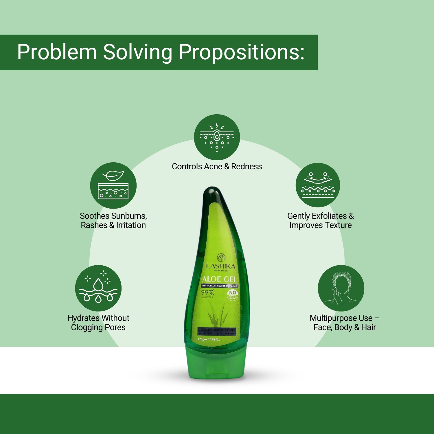 Lashika Aloe Gel soothes irritation, controls acne, hydrates skin, and offers multipurpose care for face, body, and hair.