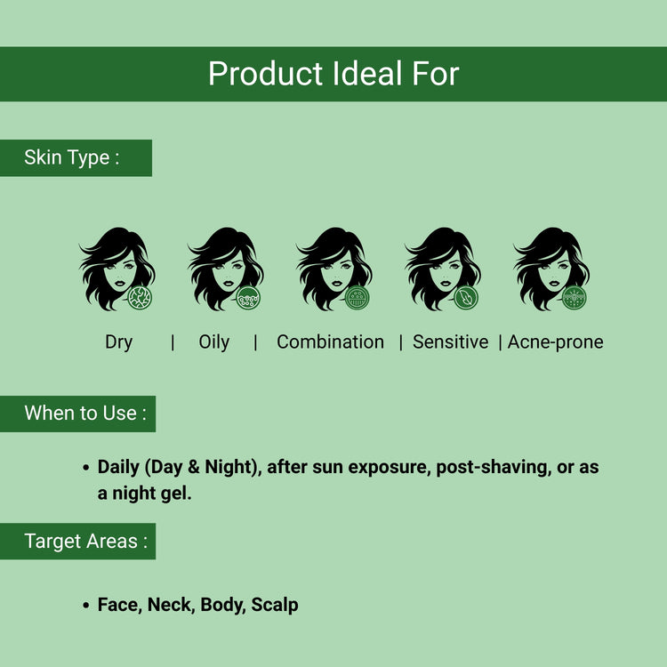 Lashika Aloe Gel for dry, oily, sensitive skin; ideal for daily use on face, neck, body, scalp—day, night, or post-sun exposure.