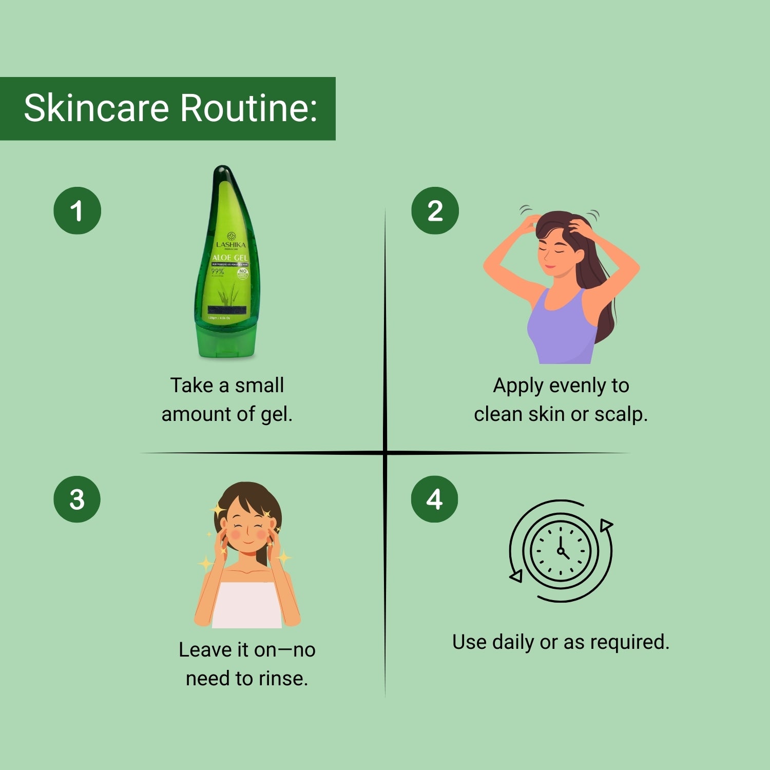 Lashika Aloe Gel—apply to clean skin or scalp, leave on, no rinse needed; use daily for hydration and soothing care.
