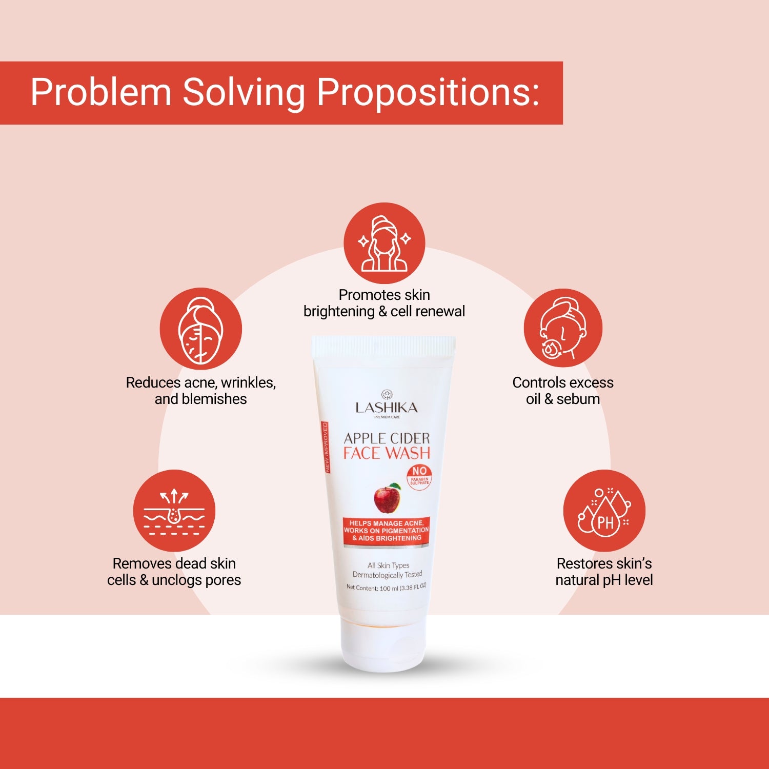 Lashika Apple Cider Face Wash controls oil, reduces acne & wrinkles, brightens skin, unclogs pores, and restores natural pH for healthy skin.