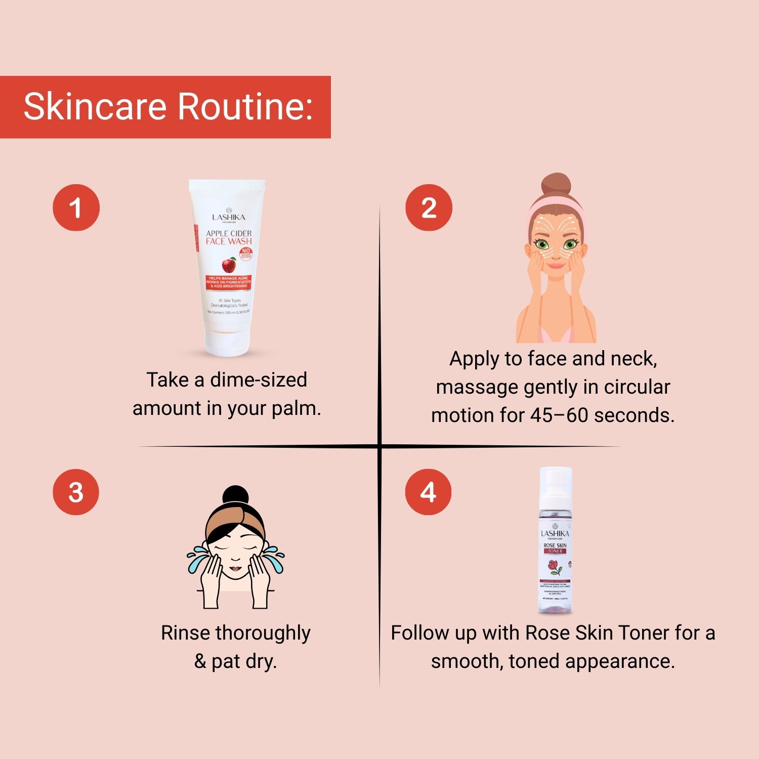 Lashika Apple Cider Face Wash routine: apply, massage, rinse, and follow with toner for refreshed, glowing skin.