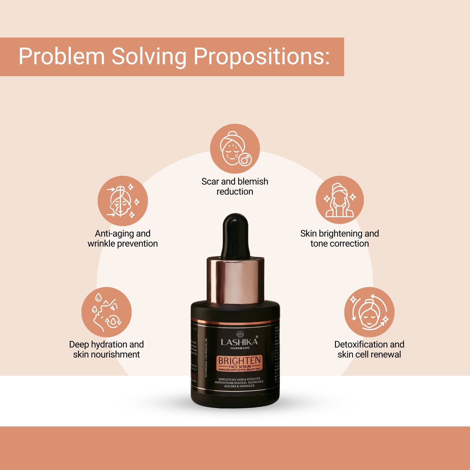 Lashika Brighten Face Serum for scar reduction, anti-aging, skin brightening, deep hydration, and detoxification.