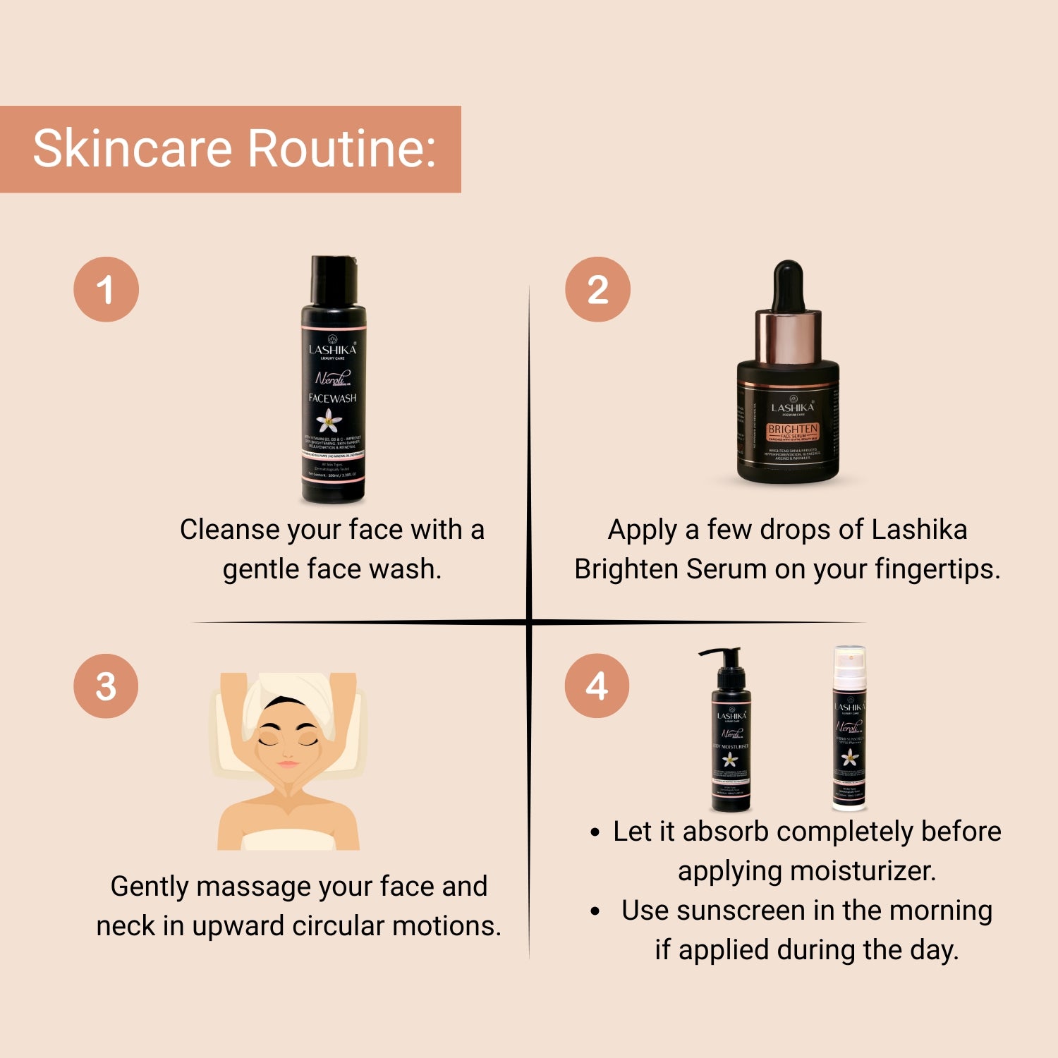 Step-by-step skincare routine using Lashika Brighten Serum; cleanse face, apply serum, massage gently, and follow with moisturizer and sunscreen.
