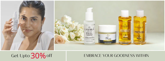 Hair and Skincare products with a woman holding a bottle, featuring a discount offer on Lashika products.