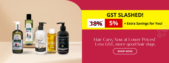 Lashika Hair care product display with GST slashed banner