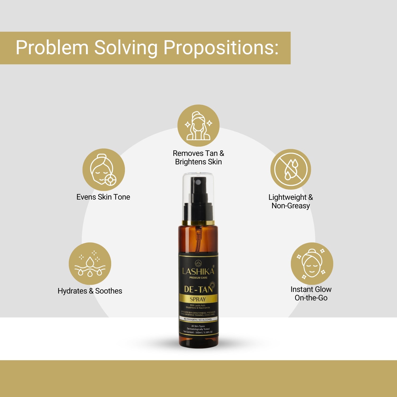 Lashika De-Tan Spray removes tan, brightens skin, evens tone, and gives instant glow.