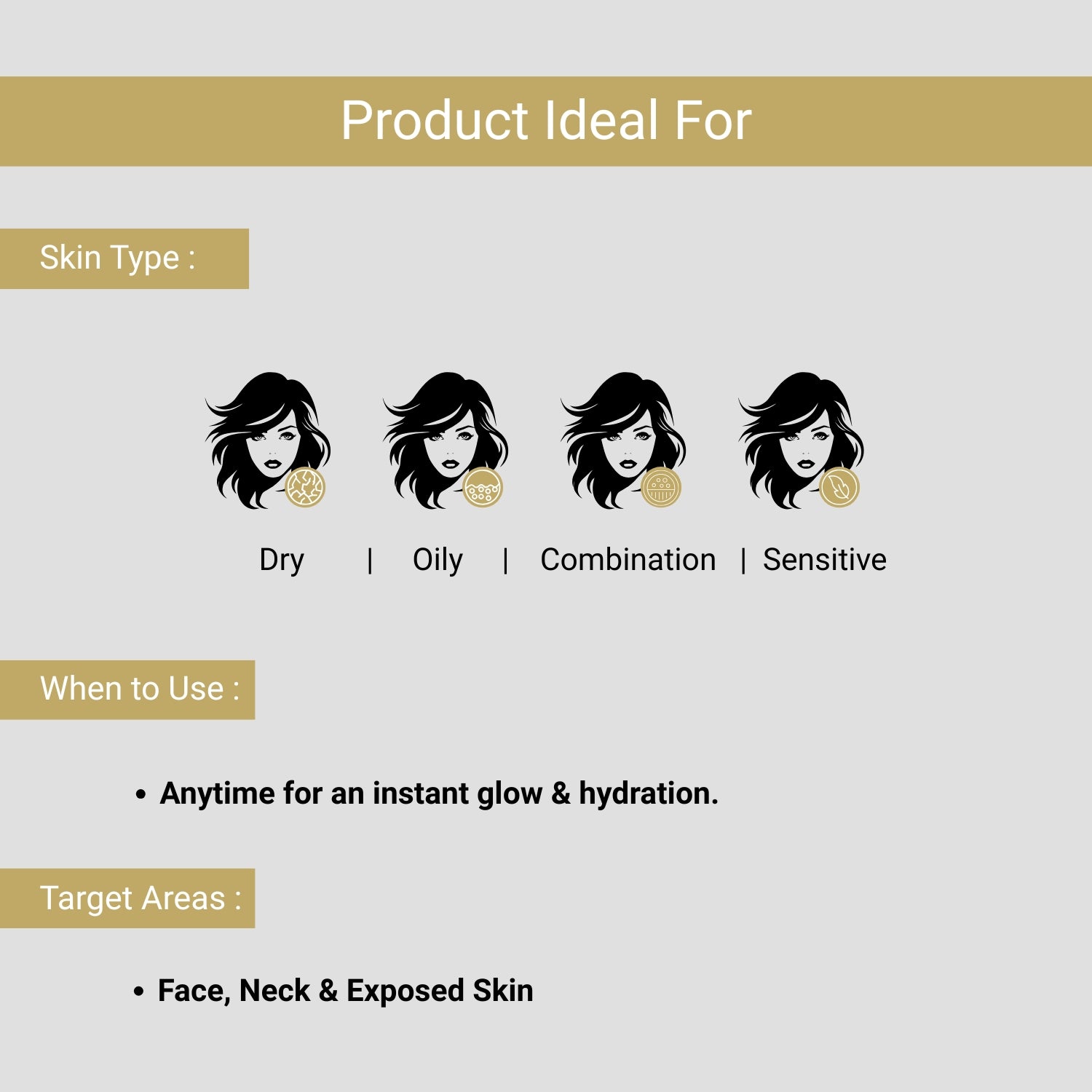 Lashika De-Tan Spray suitable for all skin types, ideal for face, neck, and exposed skin.