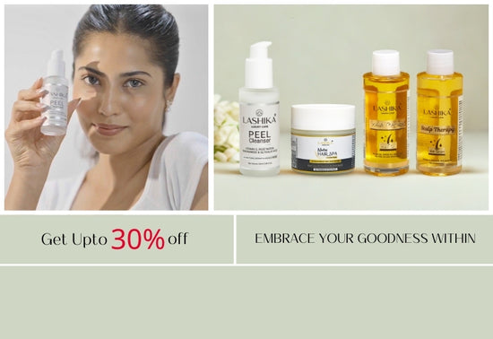 Hair and Skincare products with a woman holding a bottle, featuring a discount offer on Lashika products.