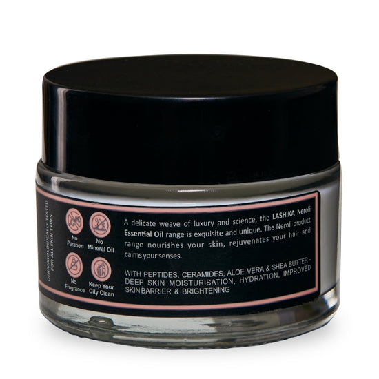 Back view of Neroli Face Cream jar displaying ingredients, usage directions, and benefits for brightening and moisturizing skin.