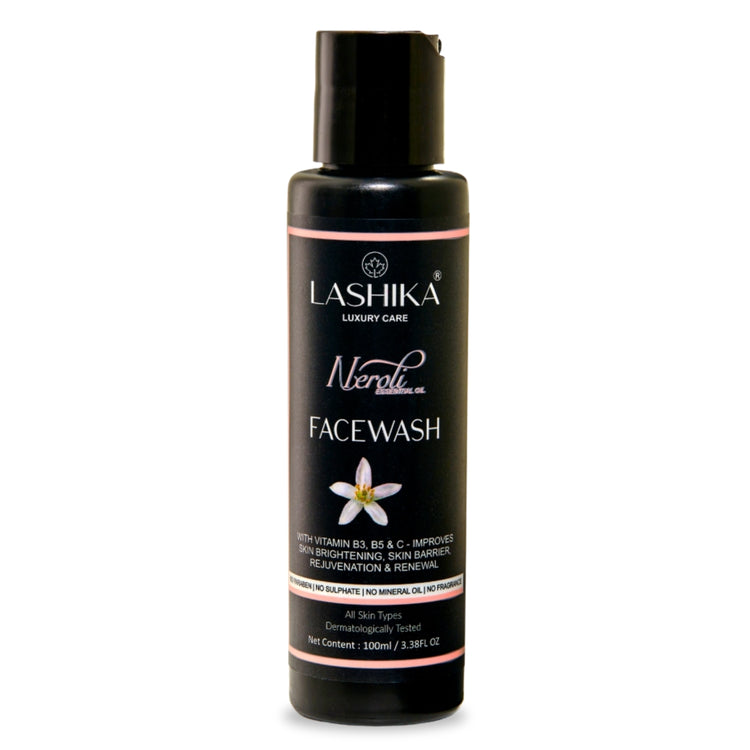 Front view of Neroli Face Wash bottle showcasing its gentle, brightening formula to cleanse, hydrate, and refresh dull skin.