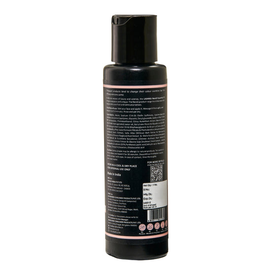 Back view of Neroli Face Wash bottle displaying ingredients, usage instructions, and skincare benefits for bright, clear skin.