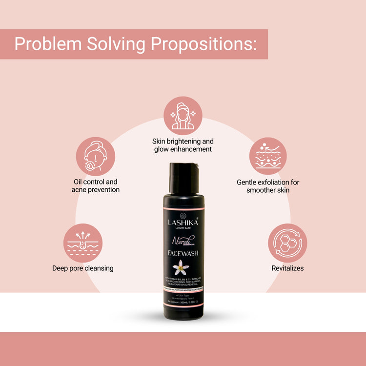 Lashika Face Wash controls oil, prevents acne, exfoliates gently, brightens skin, cleanses pores, and revitalizes dull complexion.