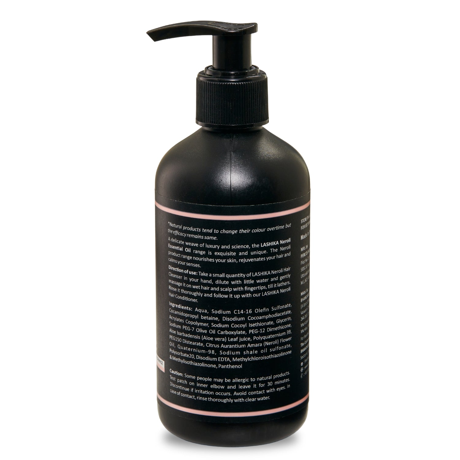Back view of Neroli Hair Cleanser bottle displaying ingredients, usage instructions, and benefits for smooth, revitalized hair.