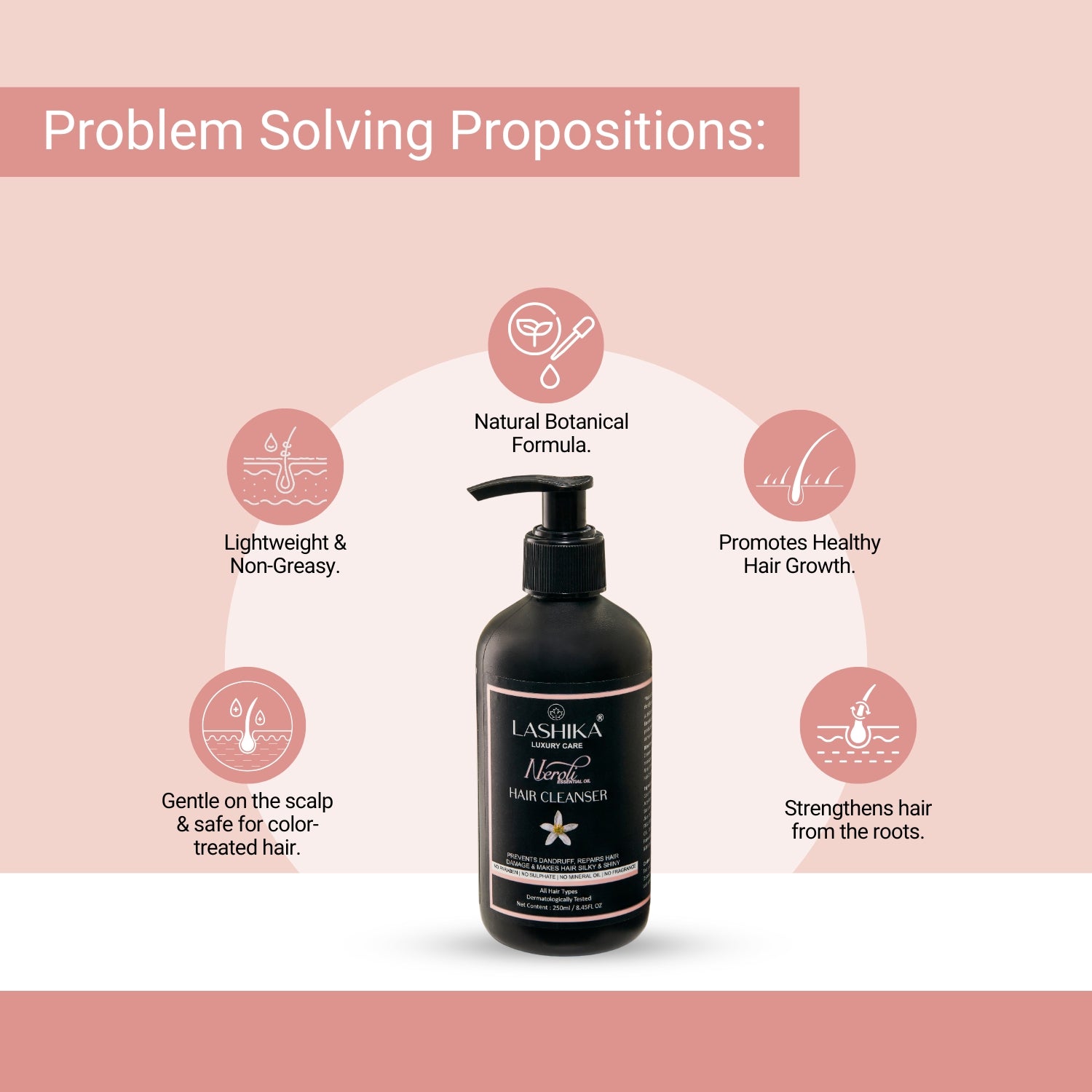 Lashika Nourish Hair Cleanser is lightweight, color-safe, strengthens roots, promotes growth, and gently cleanses with botanicals.