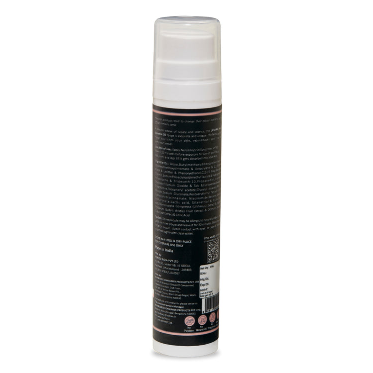 Back view of Neroli Sunscreen SPF 50 tube showing ingredients, usage directions, and skin benefits for sun protection and hydration.