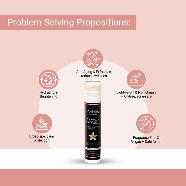 Neroli Sunscreen SPF 50 offers broad-spectrum, oil-free sun protection that hydrates, brightens, exfoliates, and prevents aging.