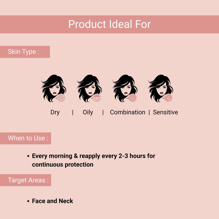 Ideal for dry, oily, combination, and sensitive skin; use daily on face and neck with reapplication every 2–3 hours for sun protection.