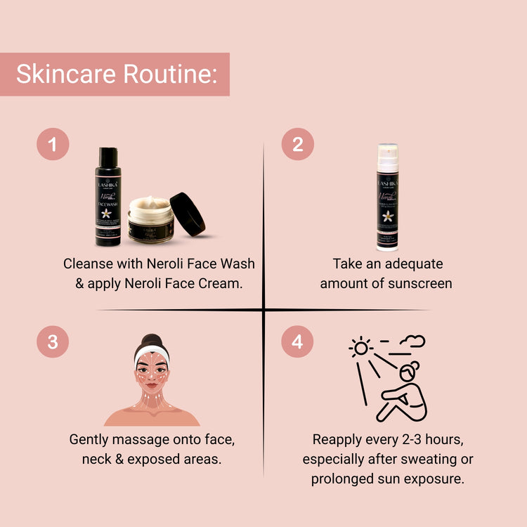 Step-by-step routine using Neroli Sunscreen—apply after cleansing and moisturizing; reapply every 2–3 hours for full sun protection.