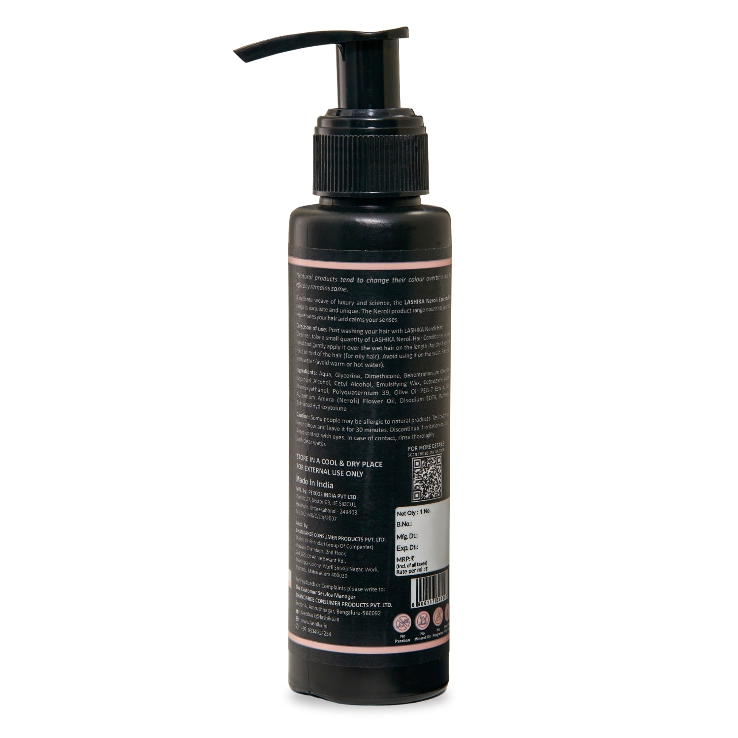 Back view of Neroli Hair Conditioner bottle showing ingredients, usage instructions, and product information.