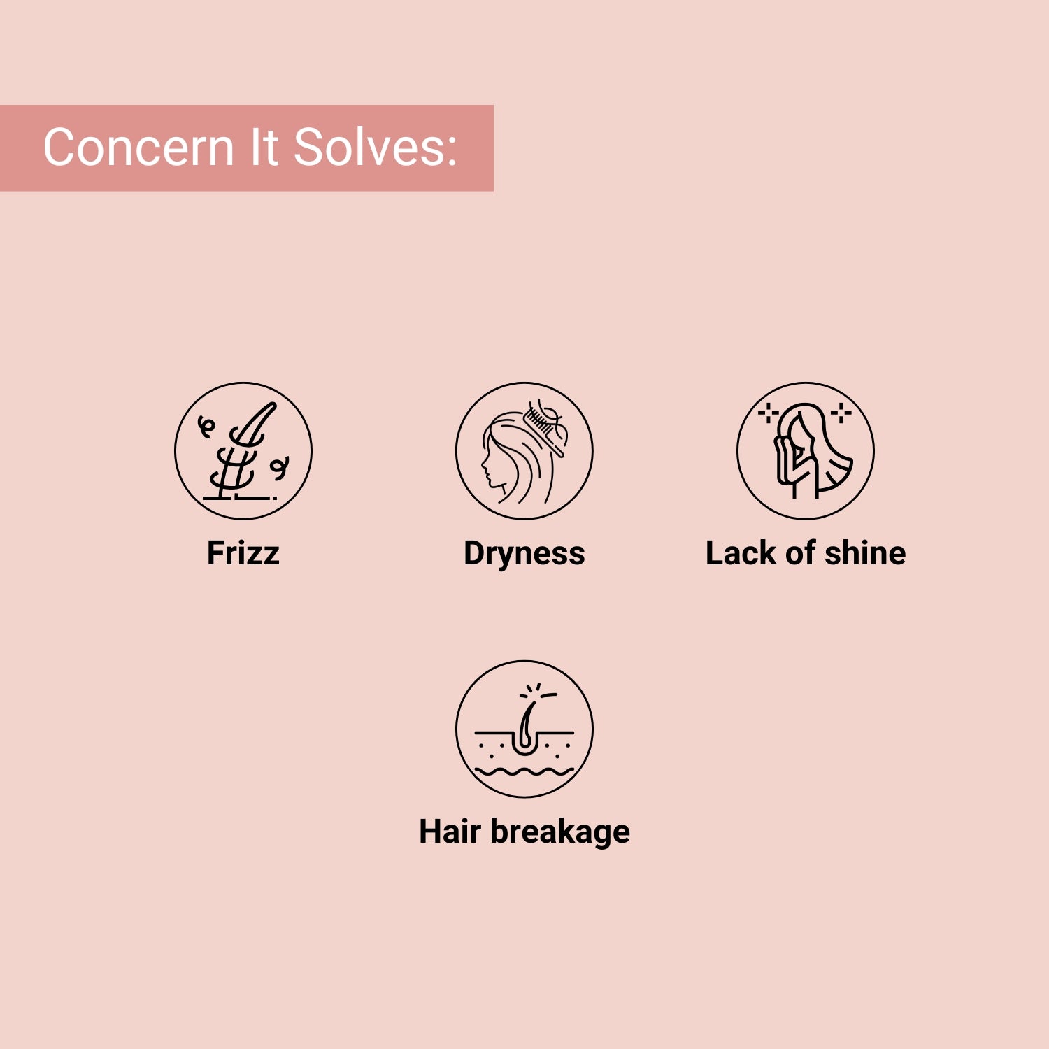 Hair concerns solved: frizz, dryness, lack of shine, and breakage—suitable for dull, damaged, or unmanageable hair.