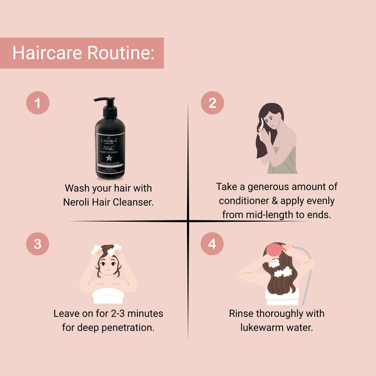 Step-by-step haircare routine using Neroli Hair Cleanser and Conditioner for soft, nourished, and manageable hair.