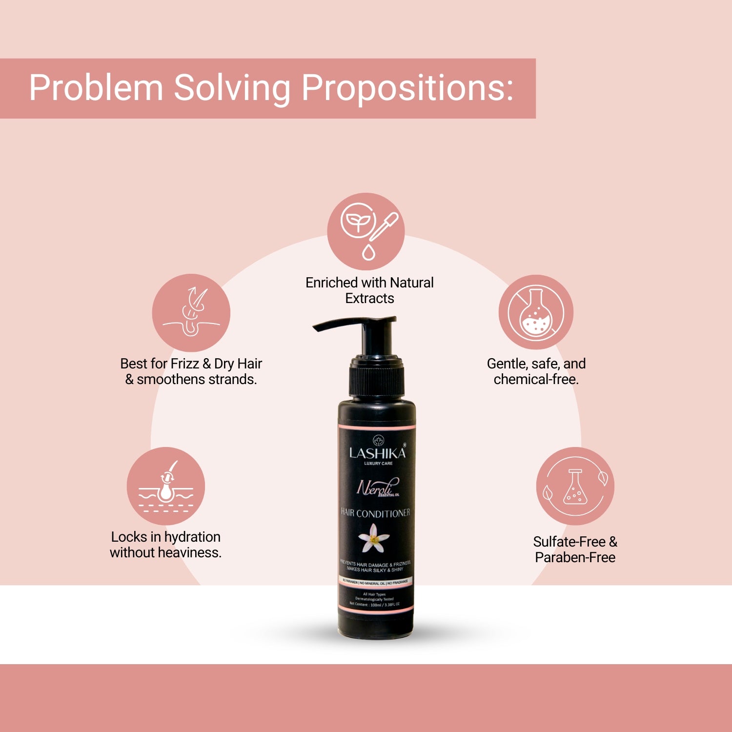 Lashika Nourish Hair Conditioner for frizz and dry hair; hydrates, smoothens, chemical-free, sulfate and paraben-free.