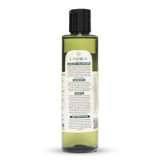 Back view of Onyn Hair Oil bottle showing key ingredients, usage instructions, and benefits for reducing hair fall and boosting growth.