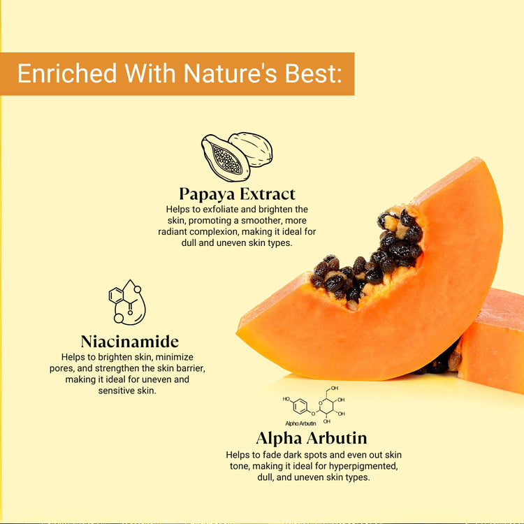 Infused with Papaya, Niacinamide, and Alpha Arbutin to brighten skin, fade dark spots, and improve texture and radiance.