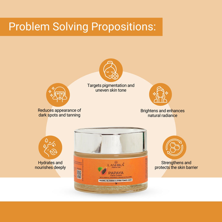 Lashika Papaya Cream reduces dark spots, targets pigmentation, brightens skin, deeply hydrates, and strengthens skin barrier.
