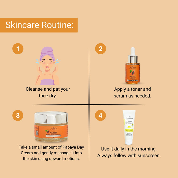 Step-by-step routine using Papaya Day Cream after cleansing and toning; massage gently and follow with sunscreen daily.
